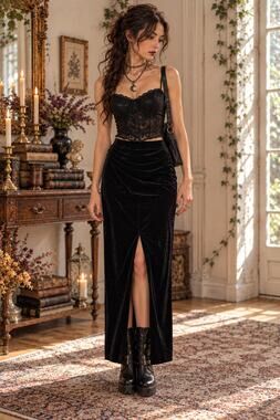 VTG 90s MSK Black Velvet Maxi Skirt Side Slit Whimsigoth Fairy Goth  S